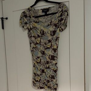 St John Couture Ruched Floral Off Shoulder Shirt
